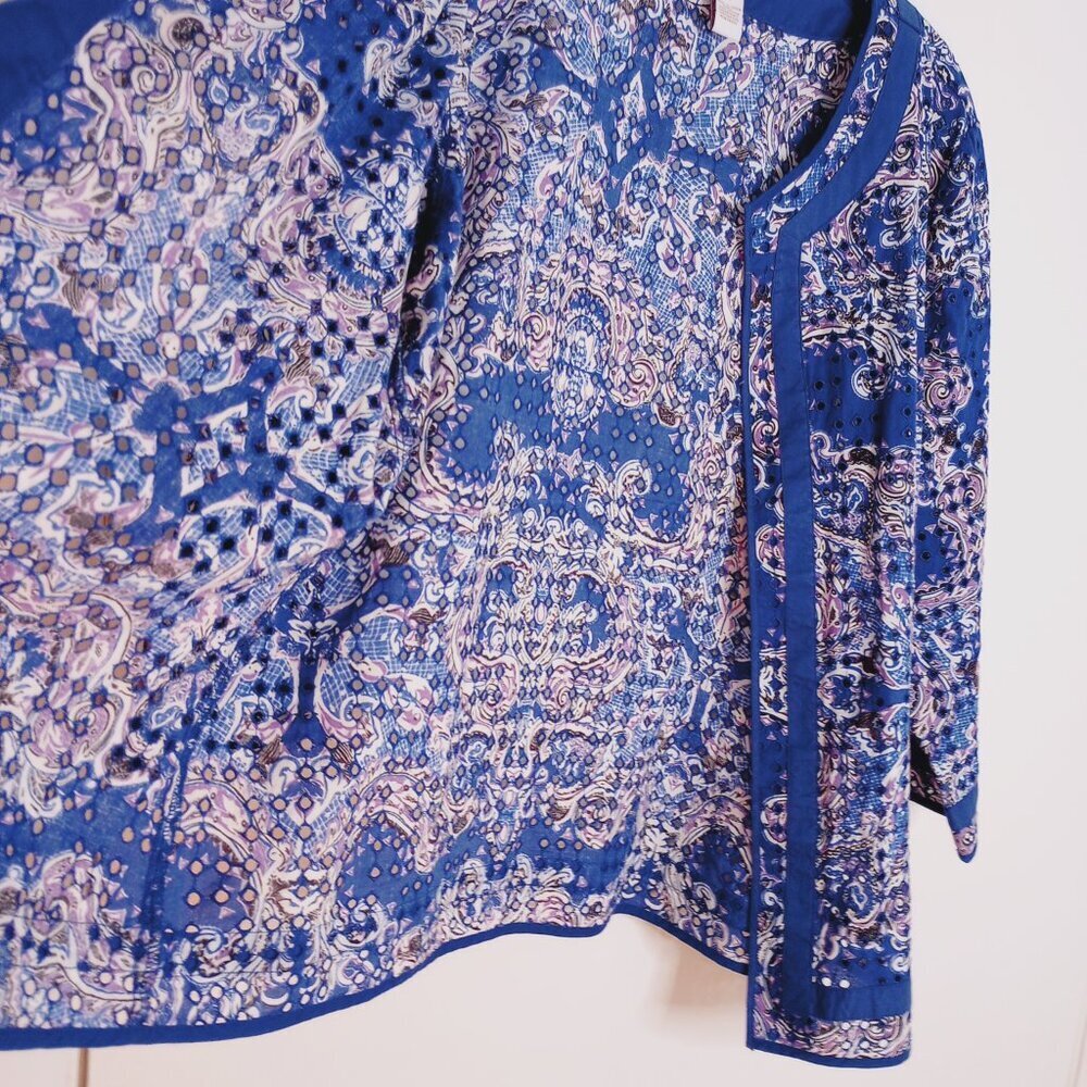 Chico's Blue & White Baroque Print Eyelet Lace Open Front Jacket - Picture 6 of 10